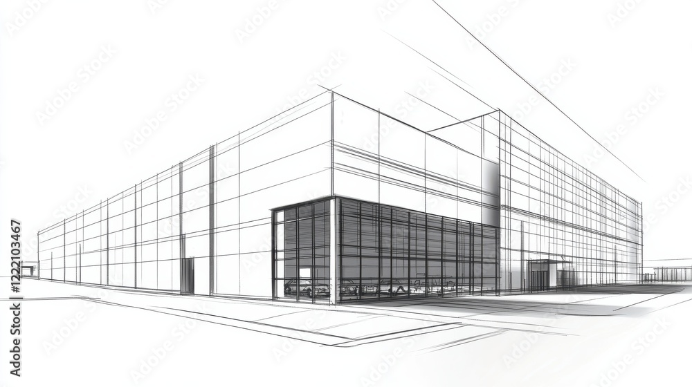 Modern Architectural Sketch of a Commercial Building in Urban Setting