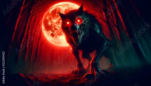 A sinister wolf-like creature with glowing eyes and distorted features, prowling under an eerie red moon in a dense, shadowy forest, symbolizing abominably unnatural fear photo