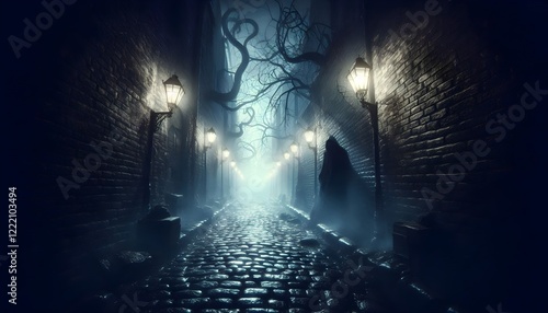 A creepy cobblestone alleyway drenched in shadow, with abominably twisted streetlights casting eerie patterns on the walls, and an ominous figure barely visible in the fog photo