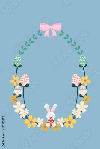 A flowers wreath designed in a cute Easter theme with eggs and bunny