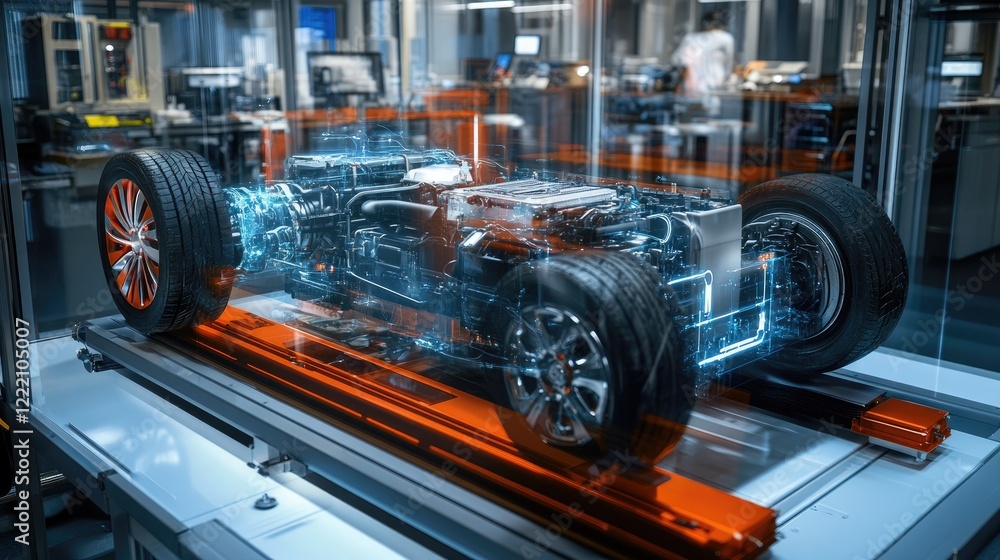 Fototapeta premium Electric vehicle powertrain surrounded by holographic elements in a cutting-edge lab, displaying live performance metrics, diagnostics, and data analysis