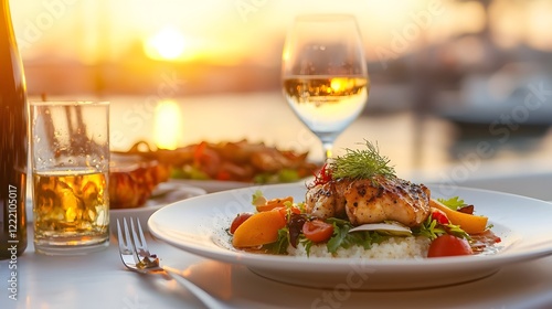 Fototapeta Naklejka Na Ścianę i Meble -  Gourmet dinner served aboard a luxury catamaran at twilight with the sun setting over the water  An upscale exclusive dining experience on the open sea