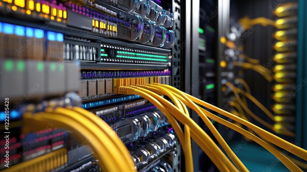 Fiber optic cables in action, transmitting large data packets at high speeds, showcasing the power behind broadband internet and modern HD communication systems Fiber optic cables in action, transmitting large data packets at high speeds, showcasing the power behind broadband internet and modern HD communication systems