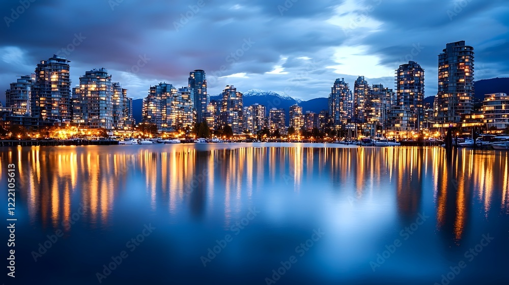 Obraz premium Illuminated Skyscraper Buildings of a Vibrant City Skyline Reflected on the Calm Waters of a River at Serene Twilight