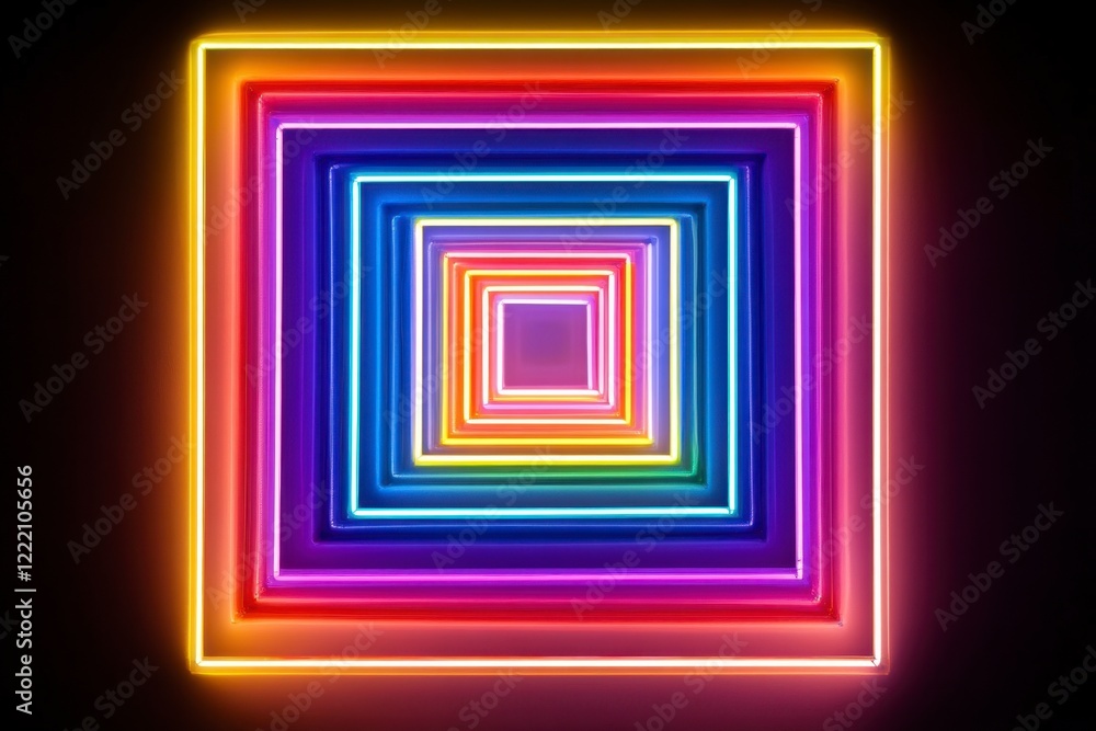 Colorful Neon Light Squares in Gradient Display on Dark Background Colorful Neon Light Squares in Gradient Display on Dark Background