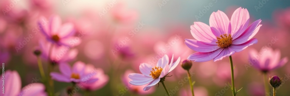 Naklejka premium Pink and white cosmos sway gently in the wind, petals, pink flowers, garden