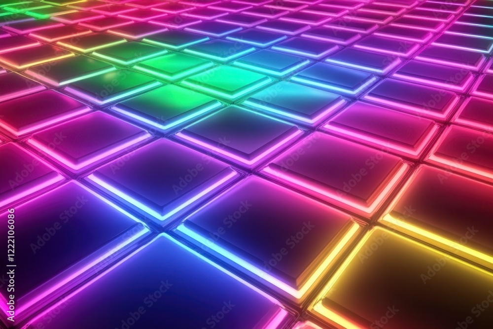 Vibrant Neon Tiles with Colorful Reflections in Abstract Design Vibrant Neon Tiles with Colorful Reflections in Abstract Design