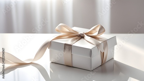 Elegant white gift box with a beige satin ribbon on a reflective surface.