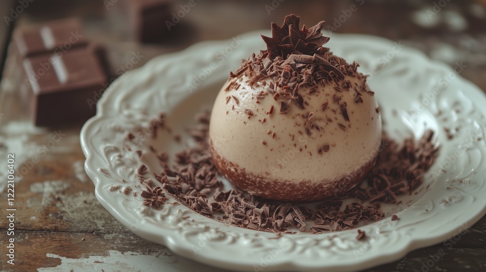 Chocolate mousse dome with chocolate flakes on a vintage plate
Chocolate mousse dome with chocolate flakes on a vintage plate