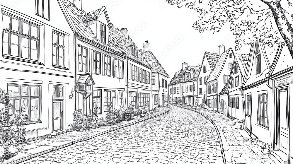 Obraz premium Charming Street Scene with Traditional Houses and Cobblestone Pathway