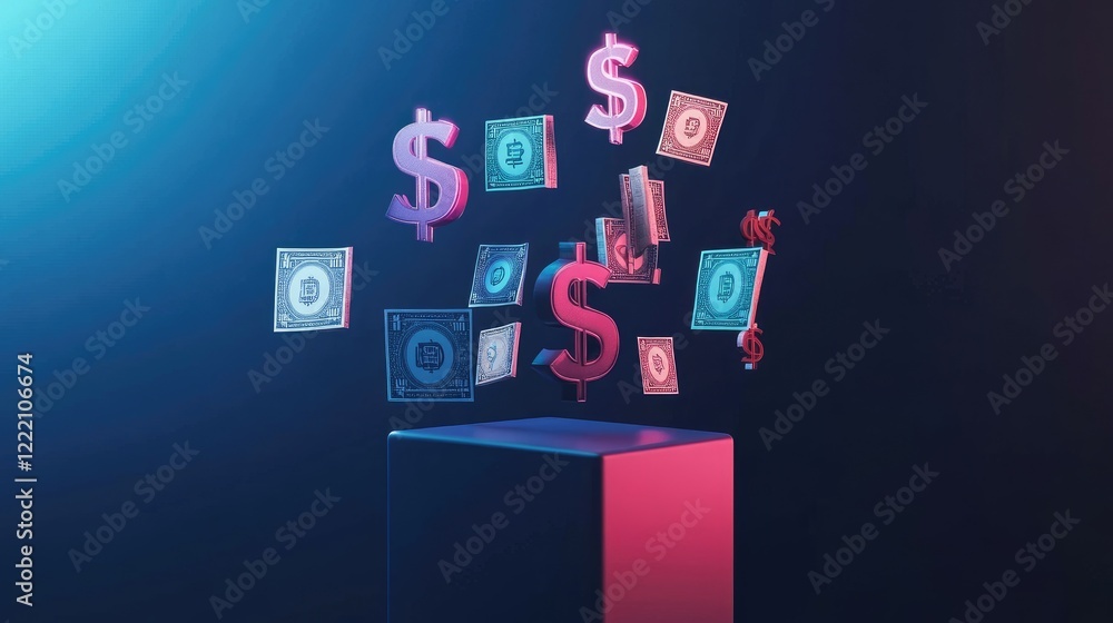 Floating currency symbols placed on a futuristic cubic pedestal, showcasing digital finance and economic innovation Floating currency symbols placed on a futuristic cubic pedestal, showcasing digital finance and economic innovation