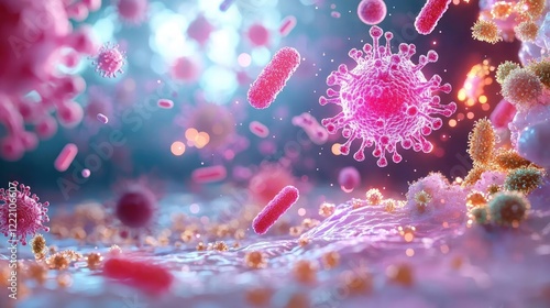 Fungi germ epidemic concept. Germs and fungal spores floating in a glowing mist, representing airborne contamination