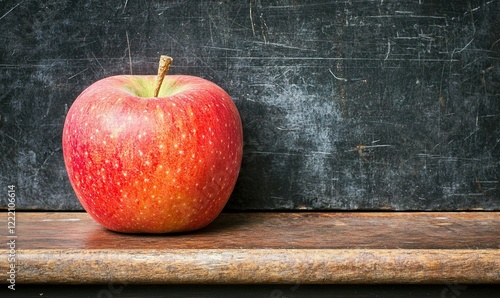 Red apple on wooden desk in front of scratched chalkboard, ideal for education themes photo