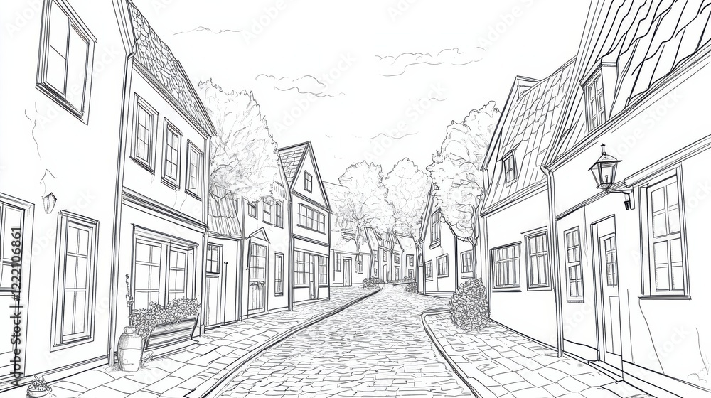 Obraz premium Cozy Sketch of a Charming Street in a Quaint Village Setting