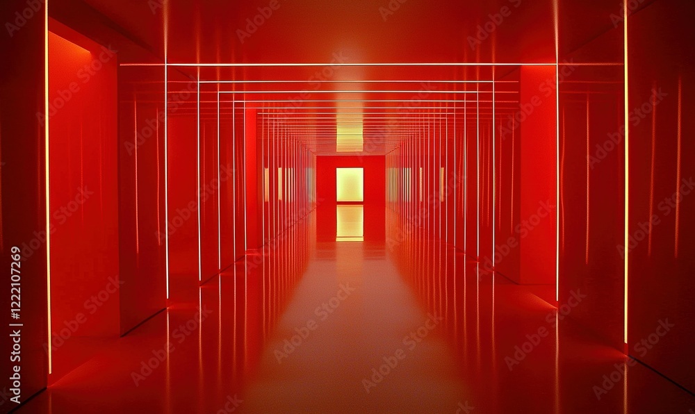 Red corridor with glowing lines, reflective floor, and bright doorway at end, ideal for futuristic backgrounds Red corridor with glowing lines, reflective floor, and bright doorway at end, ideal for futuristic backgrounds