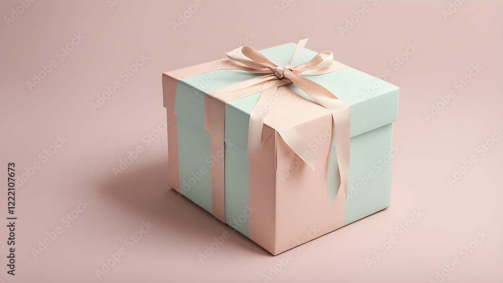 Obraz premium Stylish pastel pink and mint green gift box with a blush pink ribbon, ideal for branding, gifting, or holiday promotions.