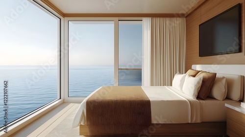 Luxurious cruise ship suite featuring floor to ceiling windows offering breathtaking panoramic views of the open ocean