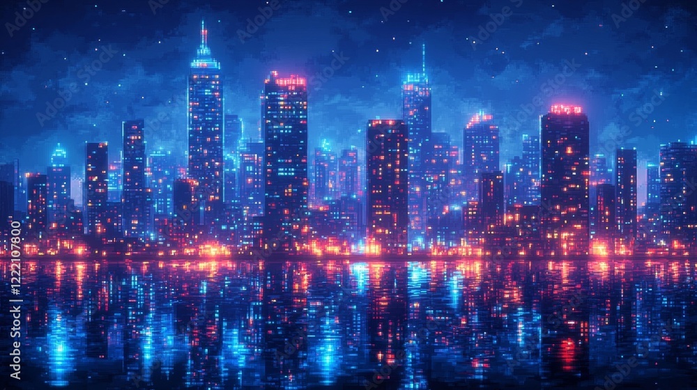 Fototapeta premium Night city with bright neon lights and reflections. Generative AI