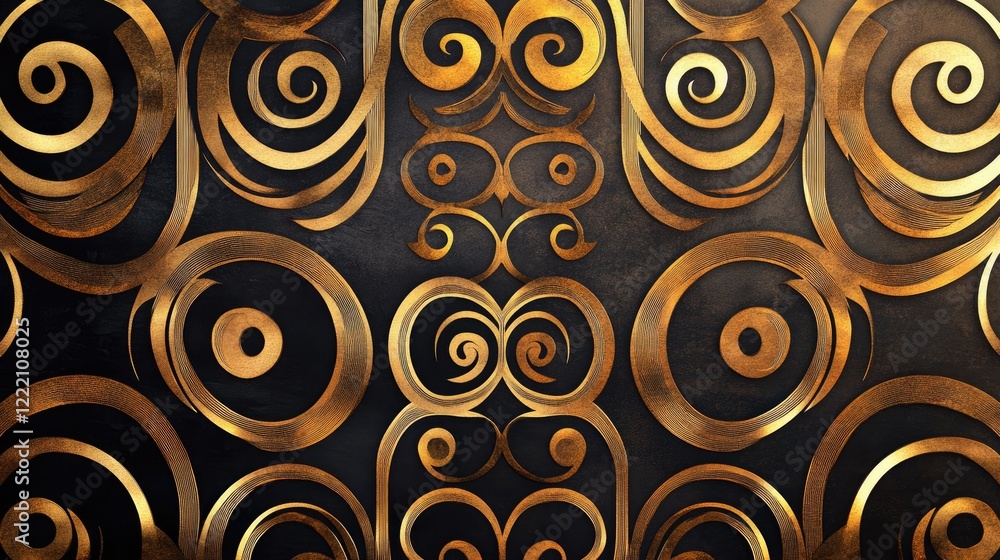 Gold Art Deco design with symmetrical geometric shapes and elegant swirls, creating a vintage and sophisticated atmosphere, full of luxury and timeless style Gold Art Deco design with symmetrical geometric shapes and elegant swirls, creating a vintage and sophisticated atmosphere, full of luxury and timeless style