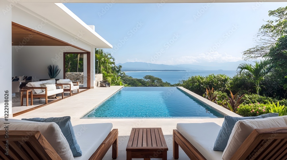 Fototapeta premium Luxurious modern villa with panoramic ocean views sleek interior design and a private infinity pool surrounded by lush tropical landscaping offering a high end getaway experience