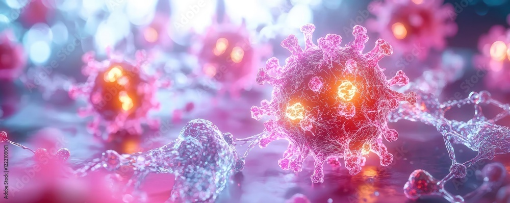 Virus microbe mutation concept. A cluster of glowing mutated viruses surrounded by fragments of molecular structures Virus microbe mutation concept. A cluster of glowing mutated viruses surrounded by fragments of molecular structures