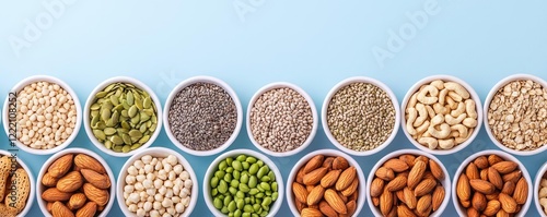 Weight loss foods idea. A variety of nuts and seeds arranged in bowls on a blue background.