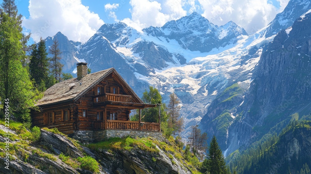 Fototapeta premium a rustic log cabin set against a backdrop of snow-capped mountains.