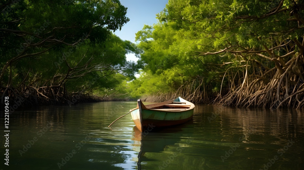 A small wooden boat floating peacefully near a lush mangrove forest in the calm reflective waters of a tropical coastline or estuary The serene A small wooden boat floating peacefully near a lush mangrove forest in the calm reflective waters of a tropical coastline or estuary The serene