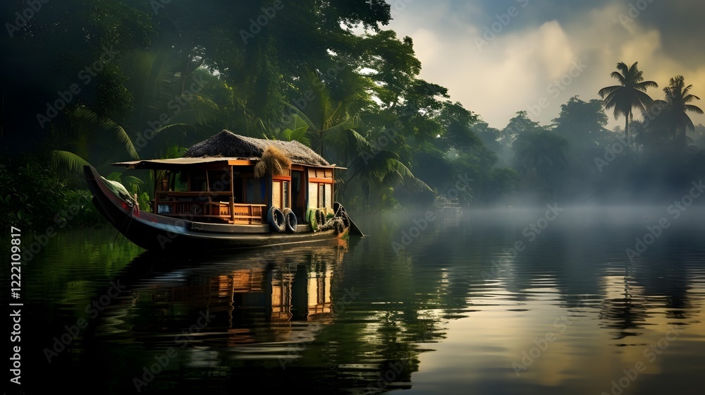 Fototapeta premium Houseboat Peacefully Floating on a Calm and Scenic Backwater River Surrounded by Lush Greenery and Peaceful Atmosphere Ideal for Connecting with Nature