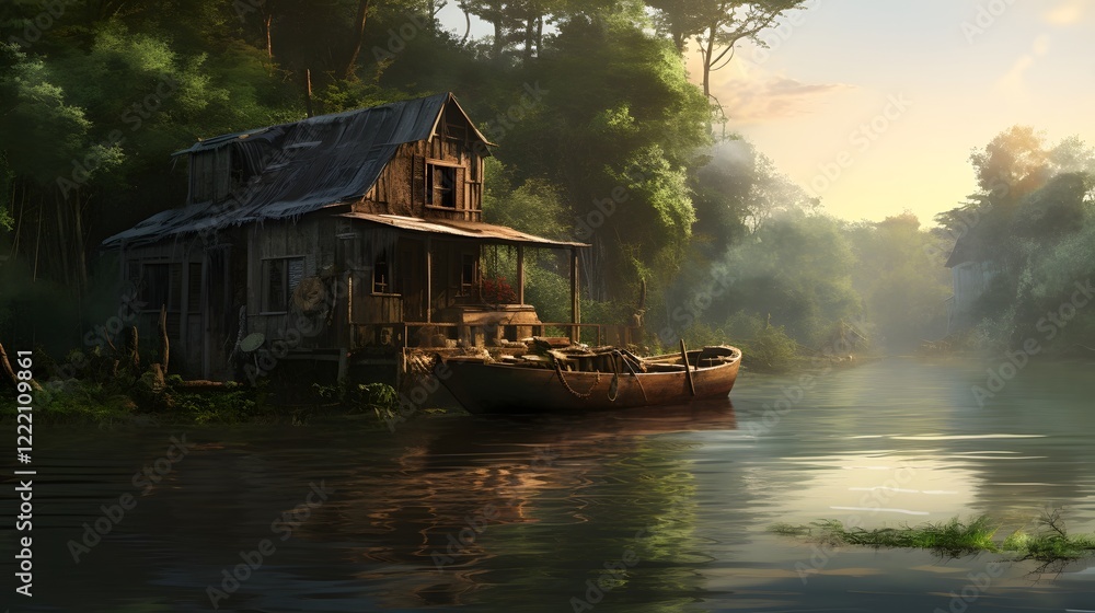 Fototapeta premium A houseboat gently floating on a serene backwater river surrounded by lush vegetation and a calm reflective surface in a peaceful rural landscape