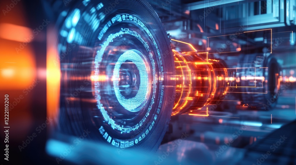 Fototapeta premium Research lab featuring a digital display with a 3D holographic model of an efficient energy storage system, emphasizing progress in clean energy technology