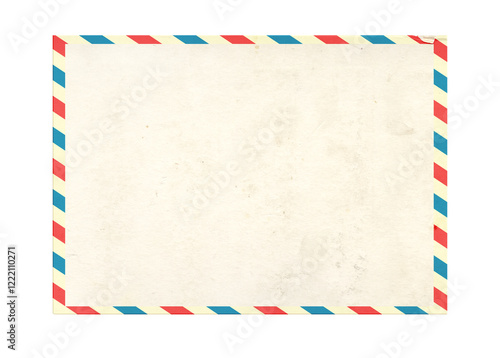 Font view of blank vintage aged postcard with striped edges. Retro blank postcard. Isolated on white background. Mock up template. Copy space for text