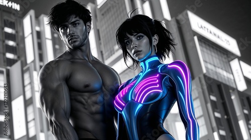 Cyberwoman from future in neon outfit photo