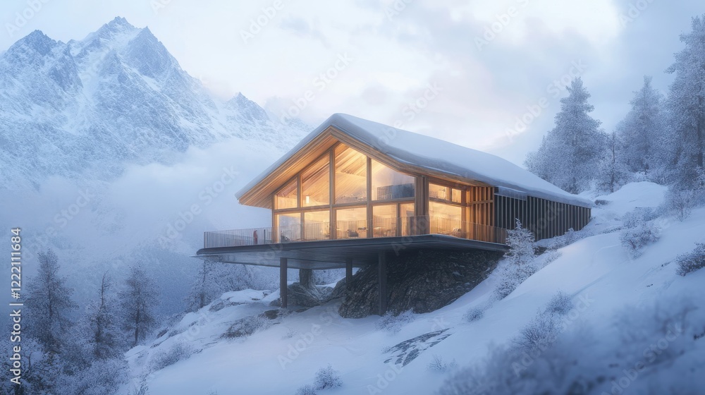 Modern Cabin in Snowy Mountain Landscape at Dusk with Soft Light Modern Cabin in Snowy Mountain Landscape at Dusk with Soft Light