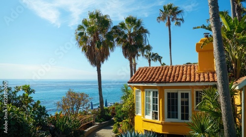 Fototapeta Naklejka Na Ścianę i Meble -  a sunny beach bungalow with palm trees and ocean views.