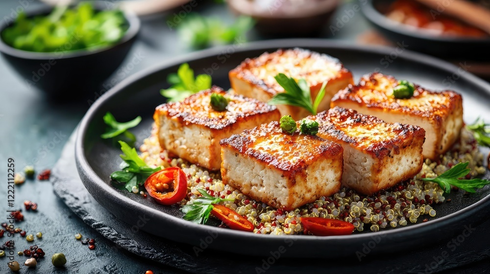 Meat alternatives foods idea. Deliciously grilled tofu served with quinoa and garnished with fresh herbs and spices. Meat alternatives foods idea. Deliciously grilled tofu served with quinoa and garnished with fresh herbs and spices.