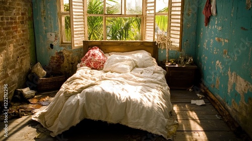 Cozy, unkempt bedroom with a bed and sunlight streaming through windows photo