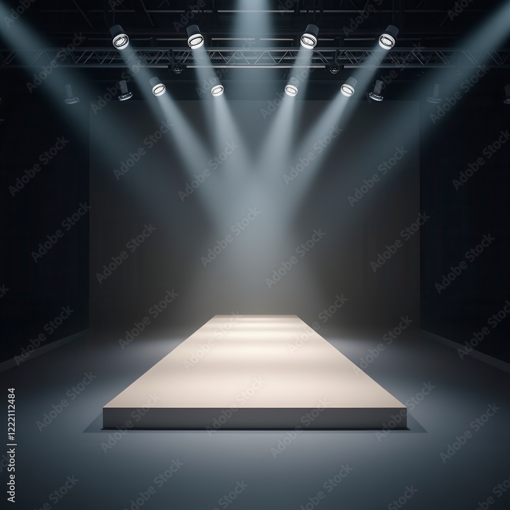 Obraz premium Empty Catwalk With Many Spotlights, Fashion Event, Runway Podium Stage