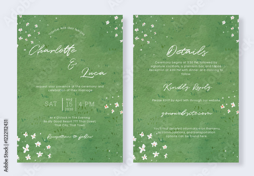 Set of Watercolor blue sky with floral field landscape wedding invitation template
