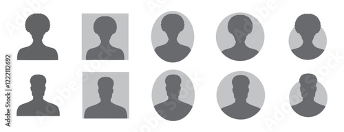 woman and man silhouette avatars or profile with curly hair gray icon. African American male and female portraits, anonymous people icons different styles, oval, square, circle shape