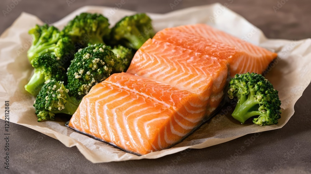 Weight loss foods idea. Fresh salmon fillets paired with vibrant broccoli on a rustic plate. Weight loss foods idea. Fresh salmon fillets paired with vibrant broccoli on a rustic plate.