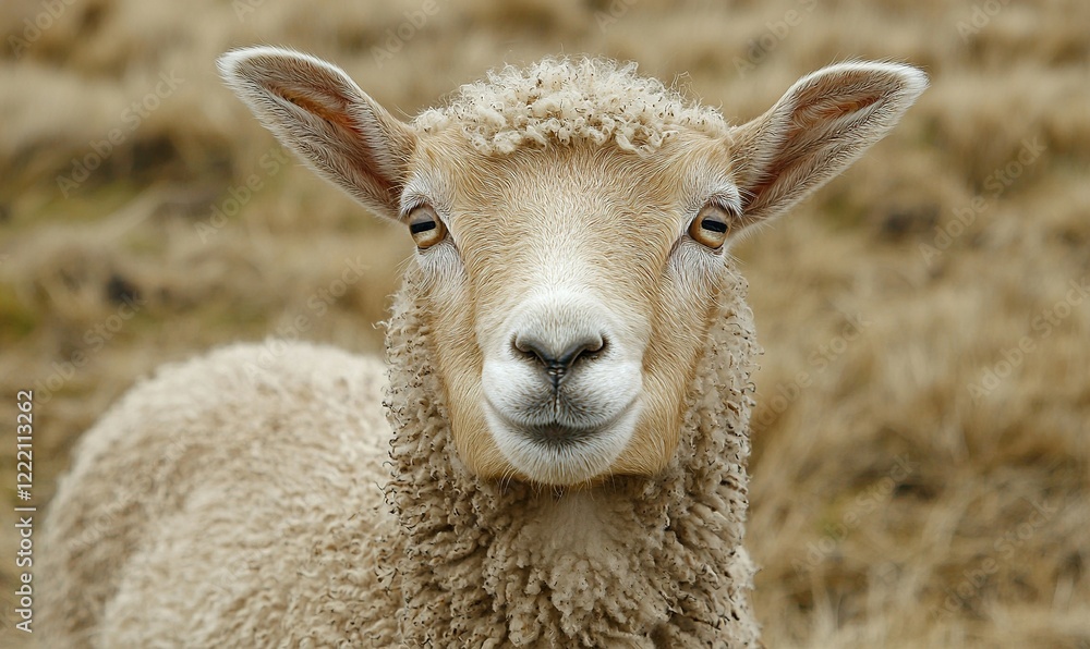 Sheep portrait in dry field, farm animal looking at camera Sheep portrait in dry field, farm animal looking at camera