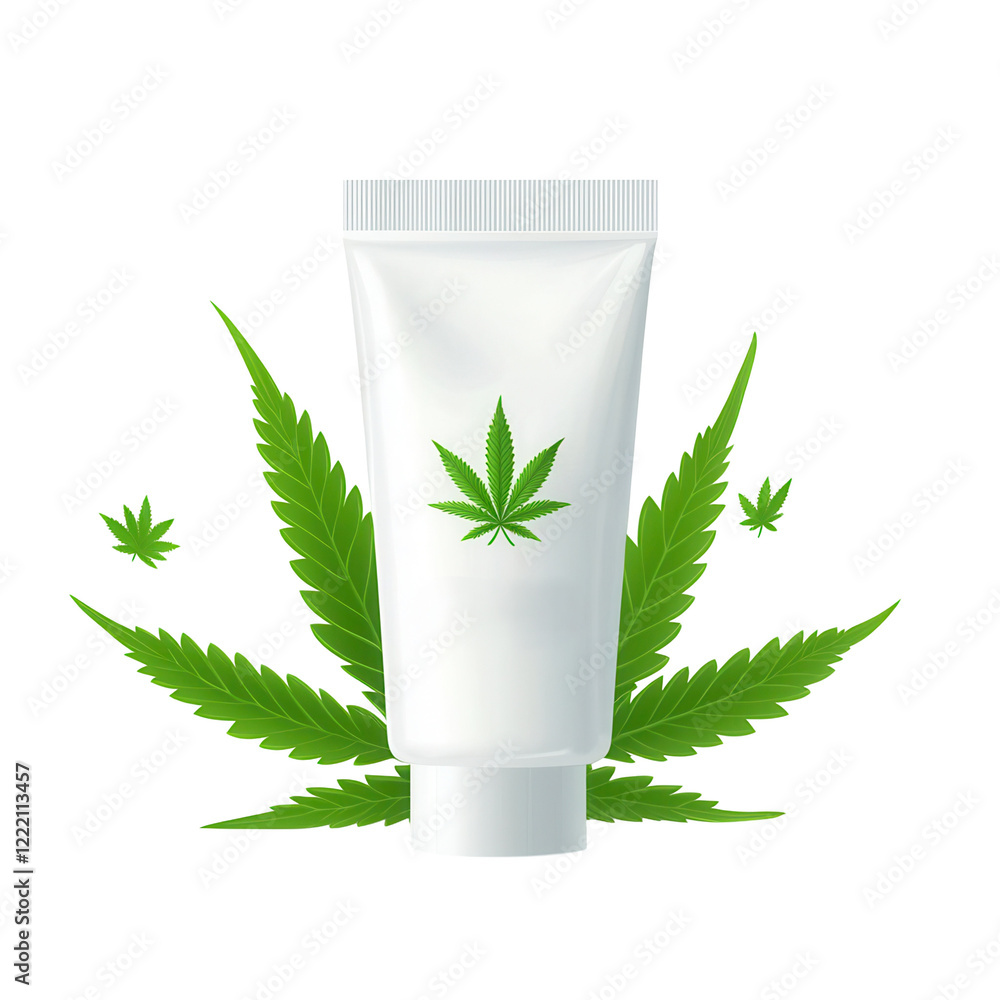Cannabis infused cream tube with green leaves transparent background product studio setting