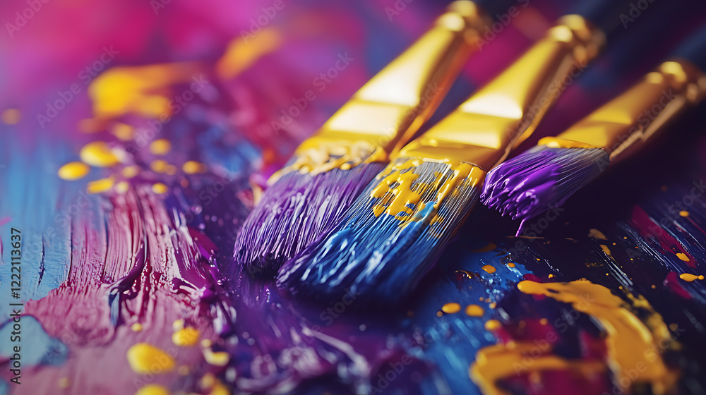 Fototapeta premium A close-up of yellow and purple paintbrushes resting on a wooden palette with splashes of colorful paint creating a harmonious artistic atmosphere