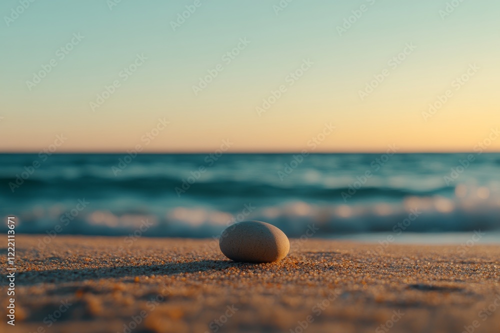 A single pebble rests on soft sand near the ocean while calm waves gently touch the shore, bathed in warm sunlight creating a tranquil beach atmosphere A single pebble rests on soft sand near the ocean while calm waves gently touch the shore, bathed in warm sunlight creating a tranquil beach atmosphere