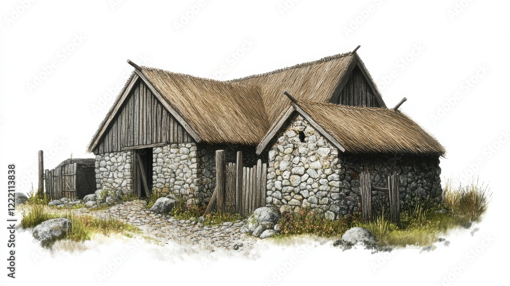 Traditional Stone House with Thatched Roof in Scenic Landscape Traditional Stone House with Thatched Roof in Scenic Landscape