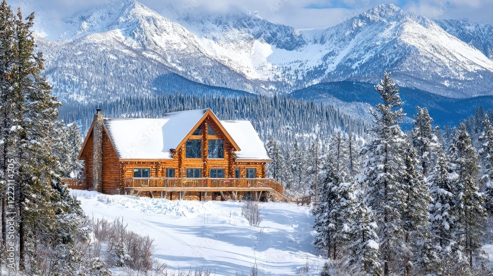 Fototapeta premium a wooden chalet surrounded by snowy mountains and pine trees.