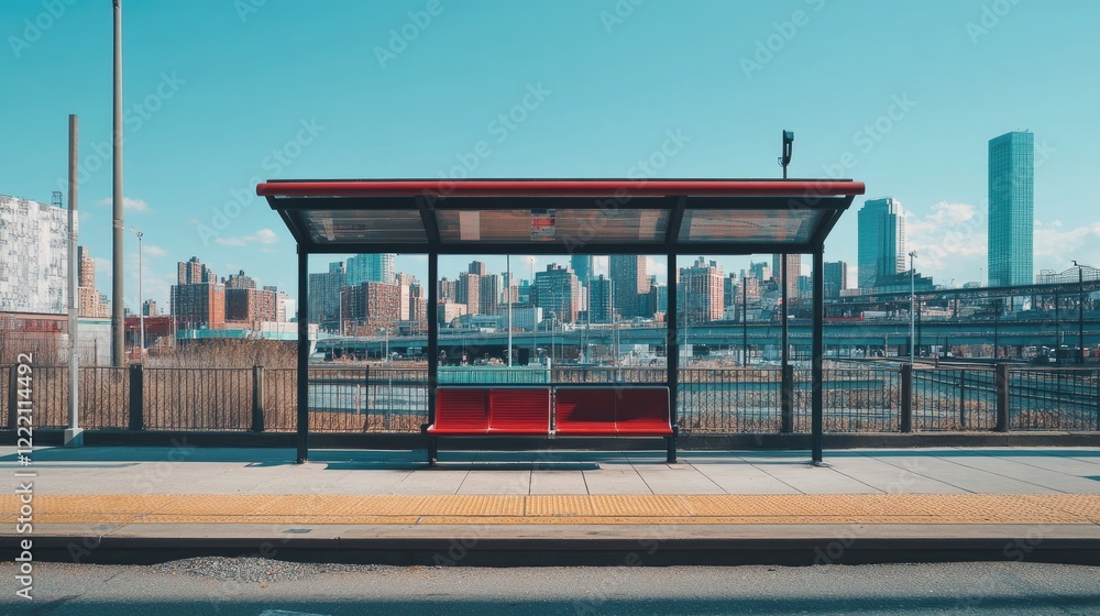 Fototapeta premium An empty urban bus stop with a city skyline in the background, awaiting passengers.