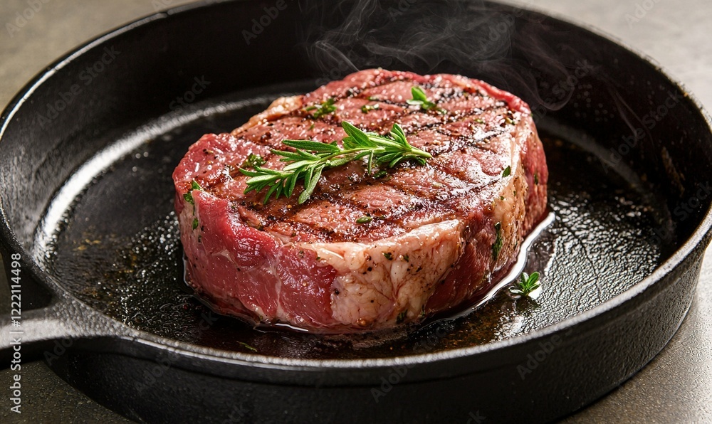Sizzling grilled ribeye steak in cast iron pan with rosemary, kitchen background, food photography Sizzling grilled ribeye steak in cast iron pan with rosemary, kitchen background, food photography