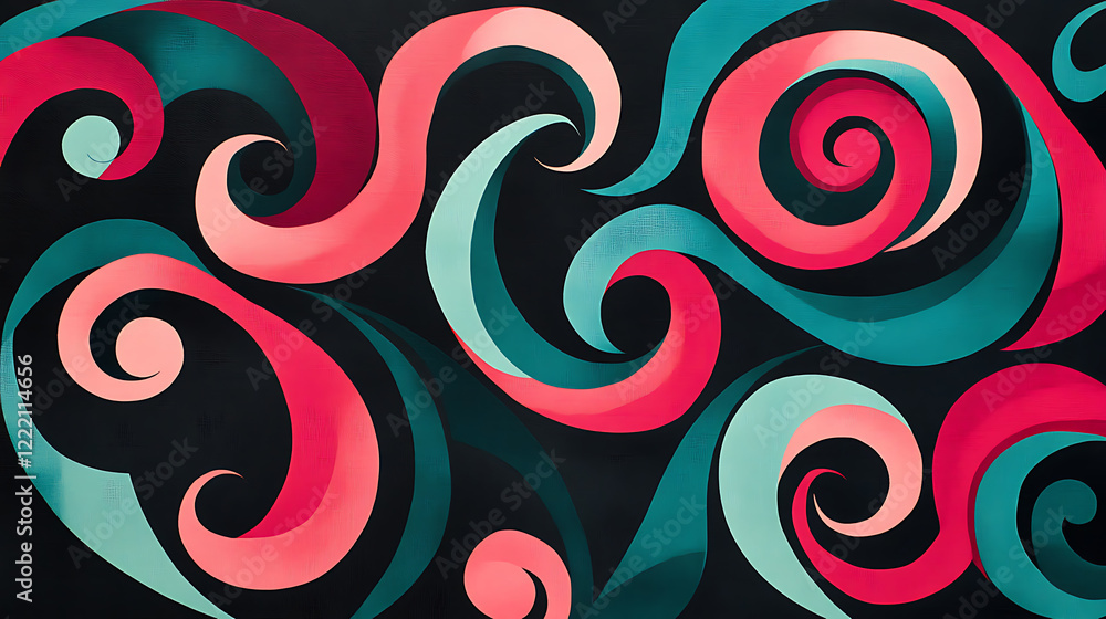 A modern abstract design of coral and teal spirals intertwined on a sleek black background creating a vibrant and harmonious pattern A modern abstract design of coral and teal spirals intertwined on a sleek black background creating a vibrant and harmonious pattern